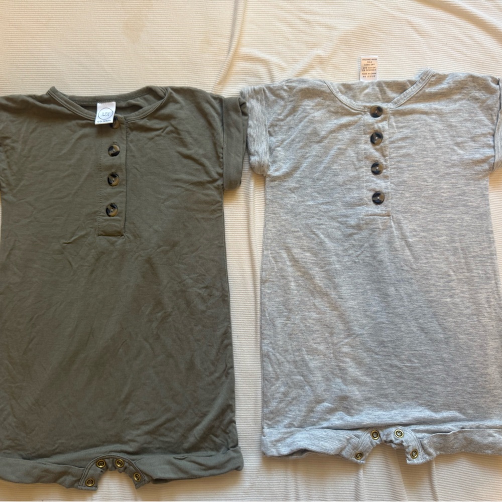 Set of Two Button Rompers - Gray and Olive